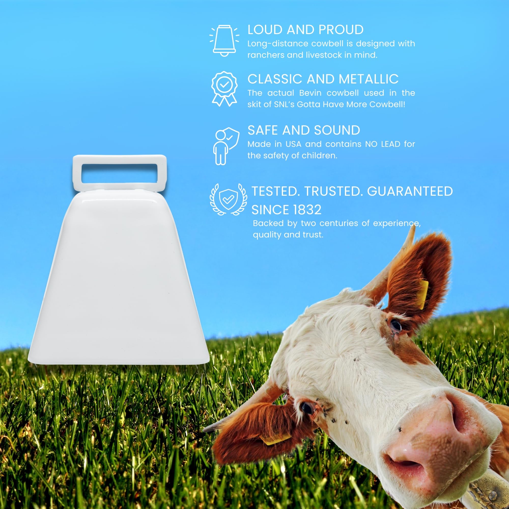 Bevin Bells Long Distance Cow Bells 10LD (White) | Christmas Bells | Made from Steel | Loud Noise Makers | w/White Strap Around The Handle | Easier to Hold | Made in CT, USA