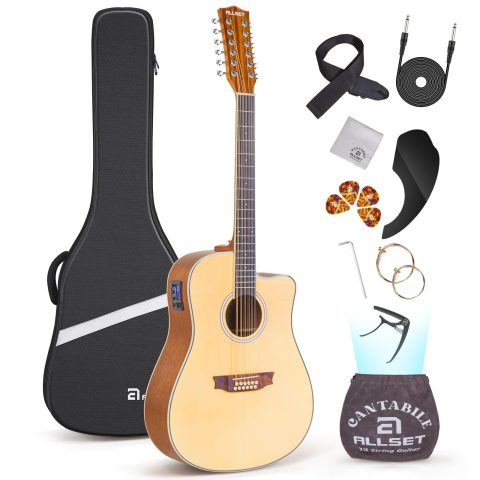 ALLSET 12 String Guitar | Acoustic Electric 12 String |42″ Full Size Guitar for Beginner/Adult Fingerstyle | Spruce Top Cutaway | Gig Bag, AUX Strap,Strings,Strap|Gloss Natural Wood | A12-NT