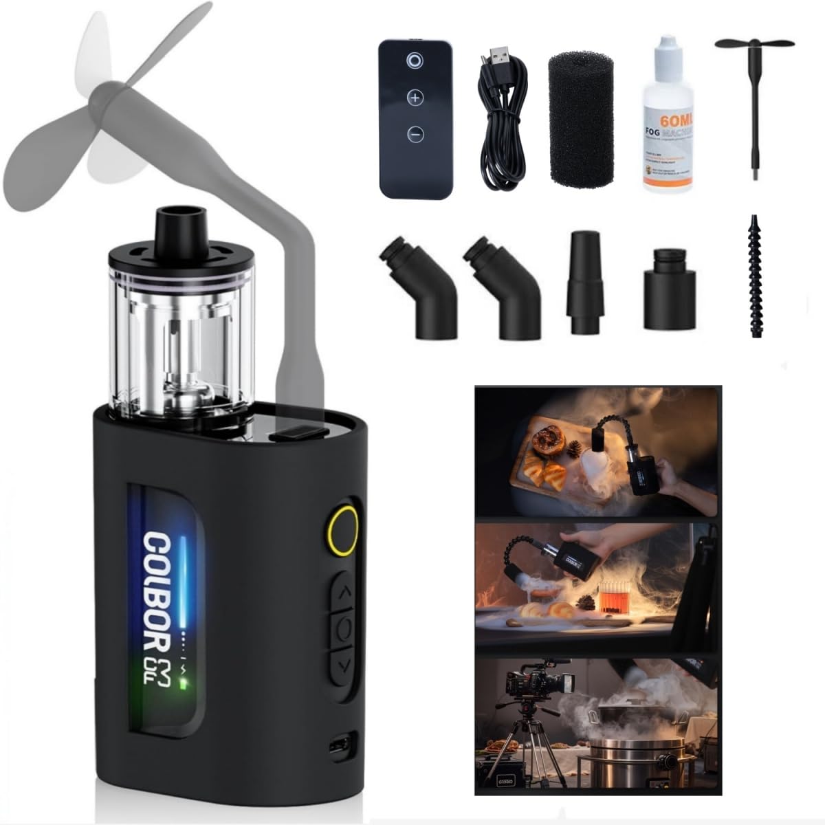 COLBOR Smoke Fog Machine Portable Cine Flare with Lights 25 Levels Density Wireless Remote Control Photography for Streaming,Parties,Weddings,Stage Includes External Flexible Tube