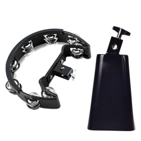 MOONBACK Tambourine and 7 Inch Cowbell Kit, Drum Set Tambourine with Mounting Eye Bolt, Black
