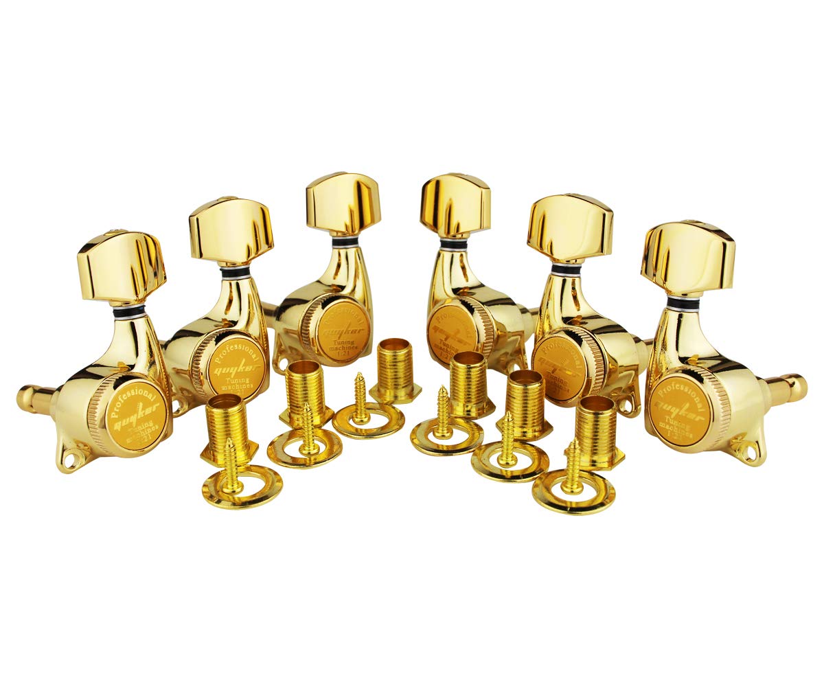 Guyker 6Pcs Guitar Locking Tuners (3L + 3R Handed) – 1:21 Ratio Lock String Tuning Key Pegs Machine Heads with Hexagonal Handle Replacement for LP SG Style Electric, Folk or Acoustic Guitars – Gold