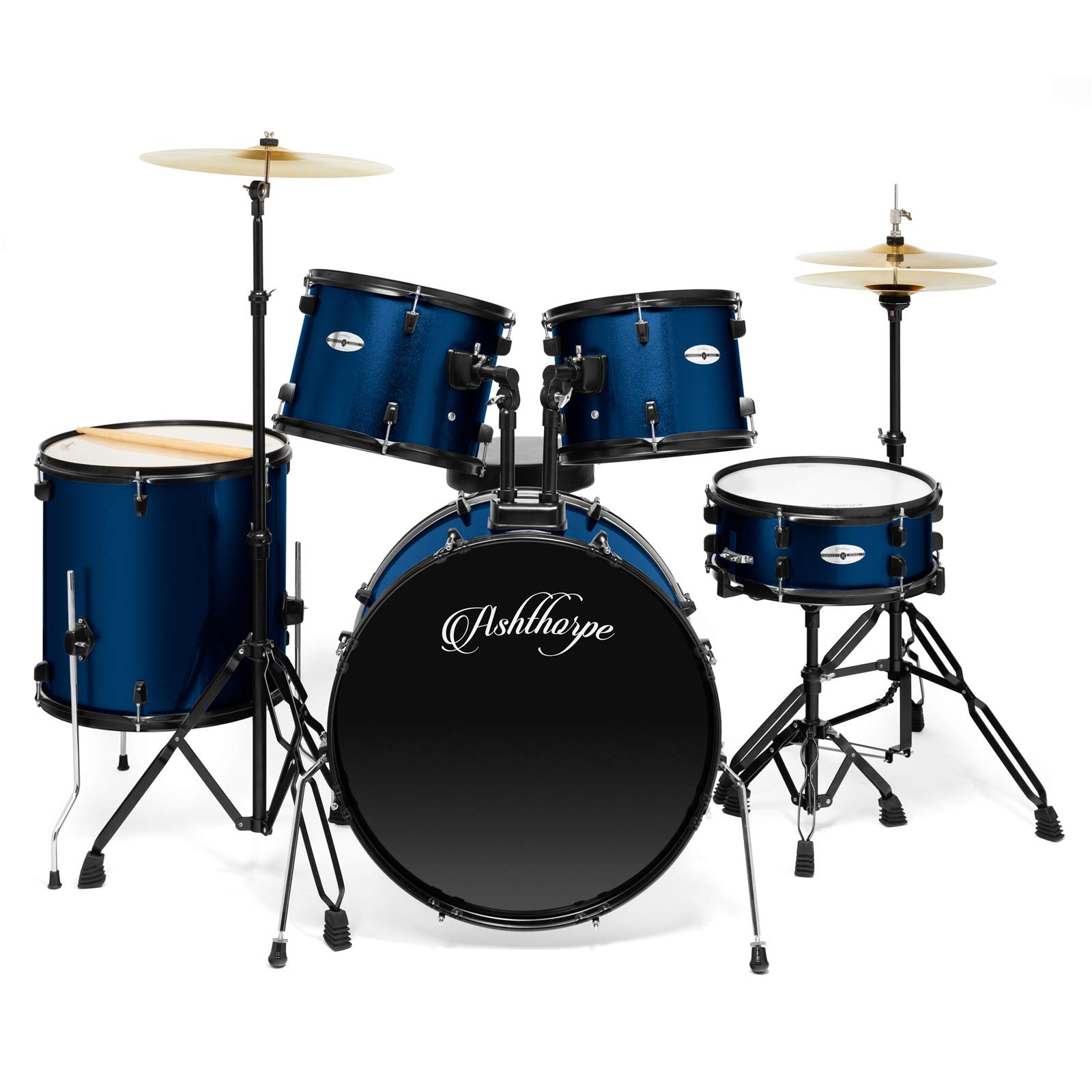 Ashthorpe 5-Piece Complete Full Size Adult Drum Set with Remo Batter Heads – Blue
