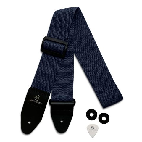Riffi Audio Lite 1.0 Adjustable 2″ Wide Guitar Strap With Pick & Locks For Acoustic, Electric, And Bass Guitars (Navy Blue)