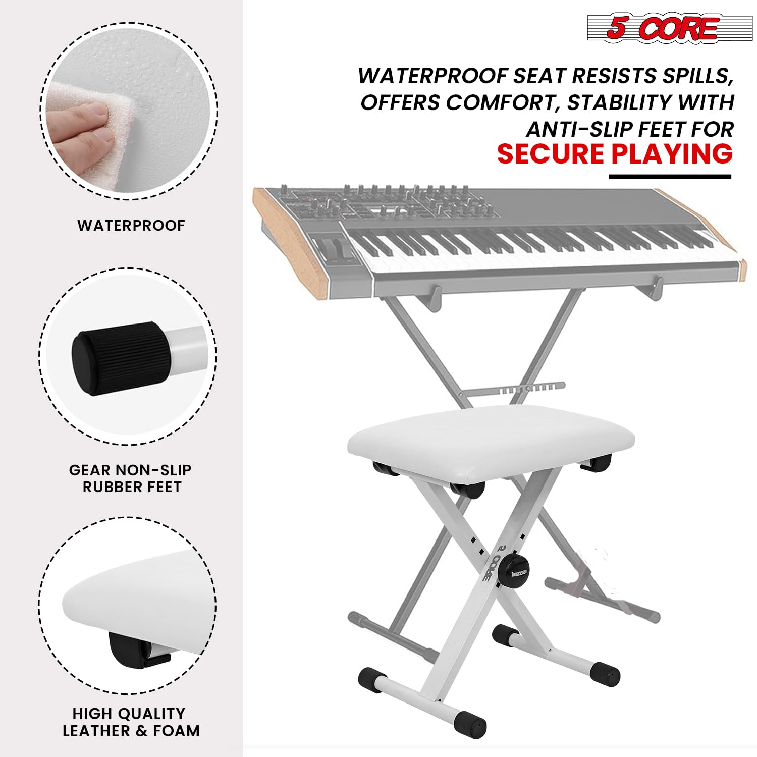 5 CORE Keyboard Bench X Style Padded Cushion Height Adjustable Piano Stool Seat Portable Keyboard Chair for Keyboards Digital Piano White – KBB 02 WH