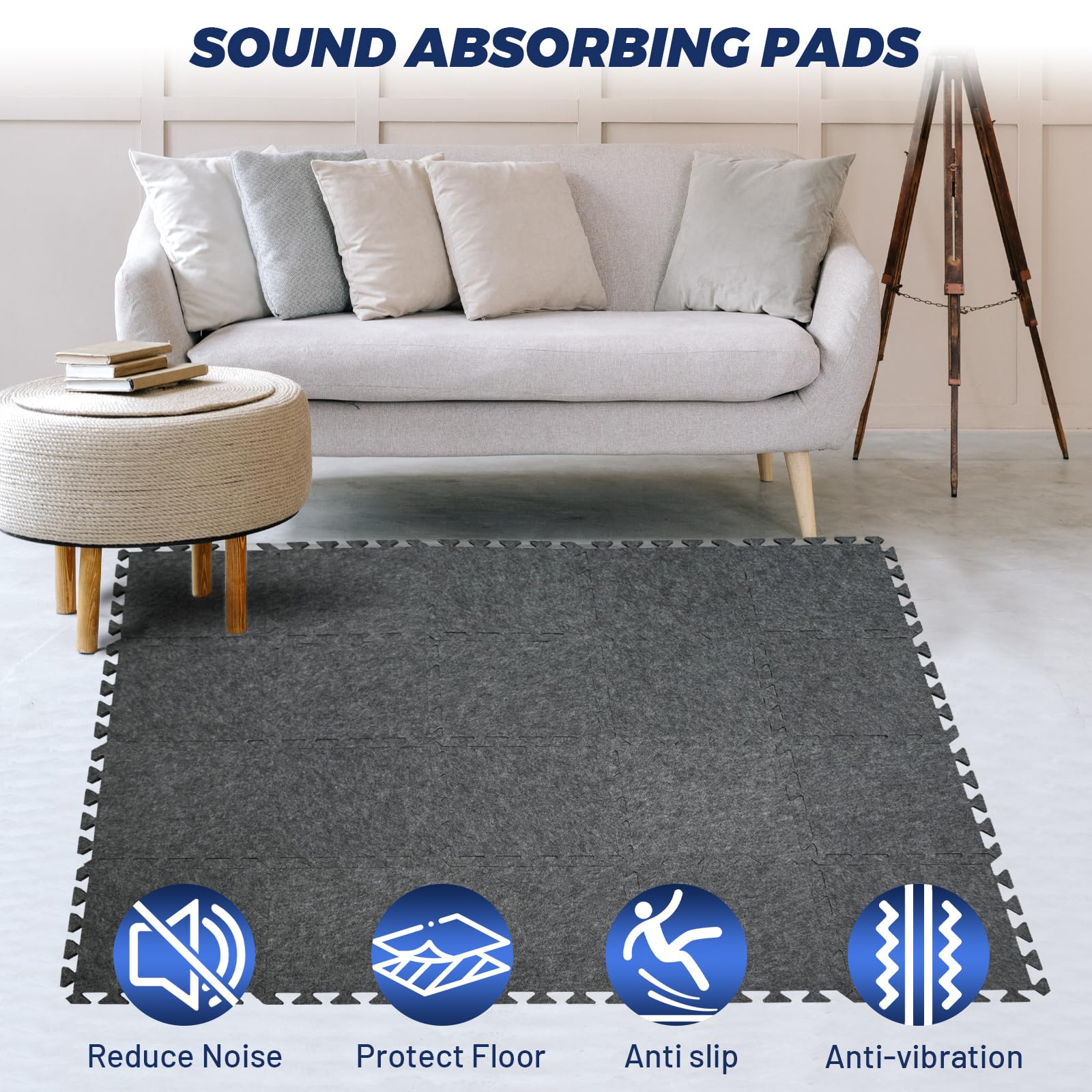 Focusound 20Pcs Sound Absorbing Interlocking Drum Rug, 11.8 x 11.8 x 0.4 inches High Density Soundproof Floor Mats, Non-Slip Anti Vibration Piano Carpet Drum Mat for Music Studio, Grey
