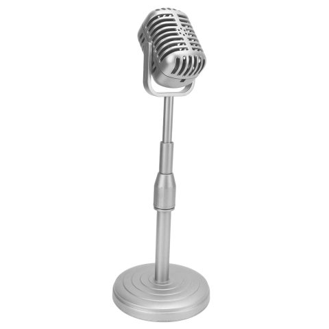Vintage Microphone Prop Model with Adjustable Stand, Old Fashioned Desktop Microphone Prop Decor for Party Decoration, Costume Role Play (silver)