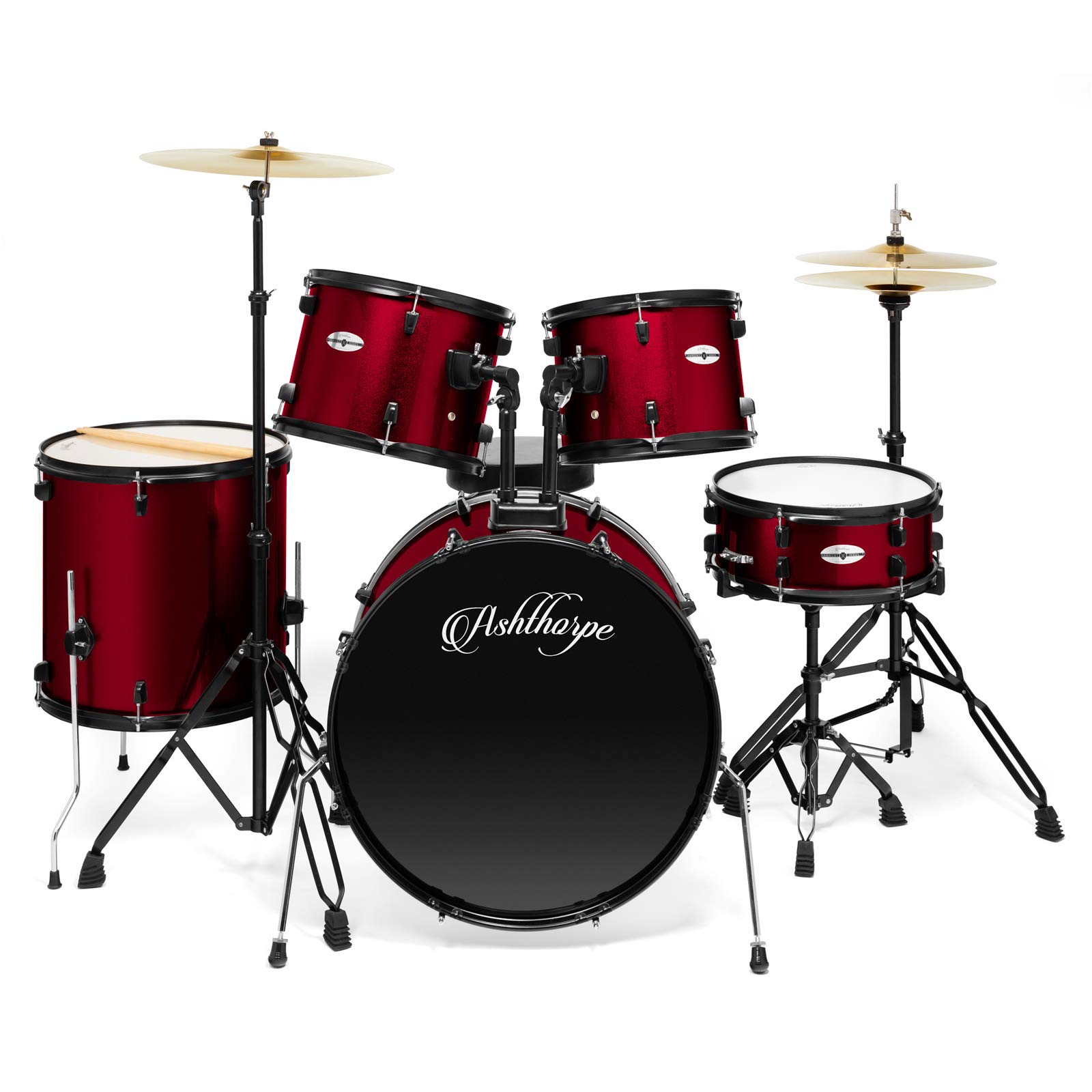 Ashthorpe 5-Piece Complete Full Size Adult Drum Set with Remo Batter Heads – Red
