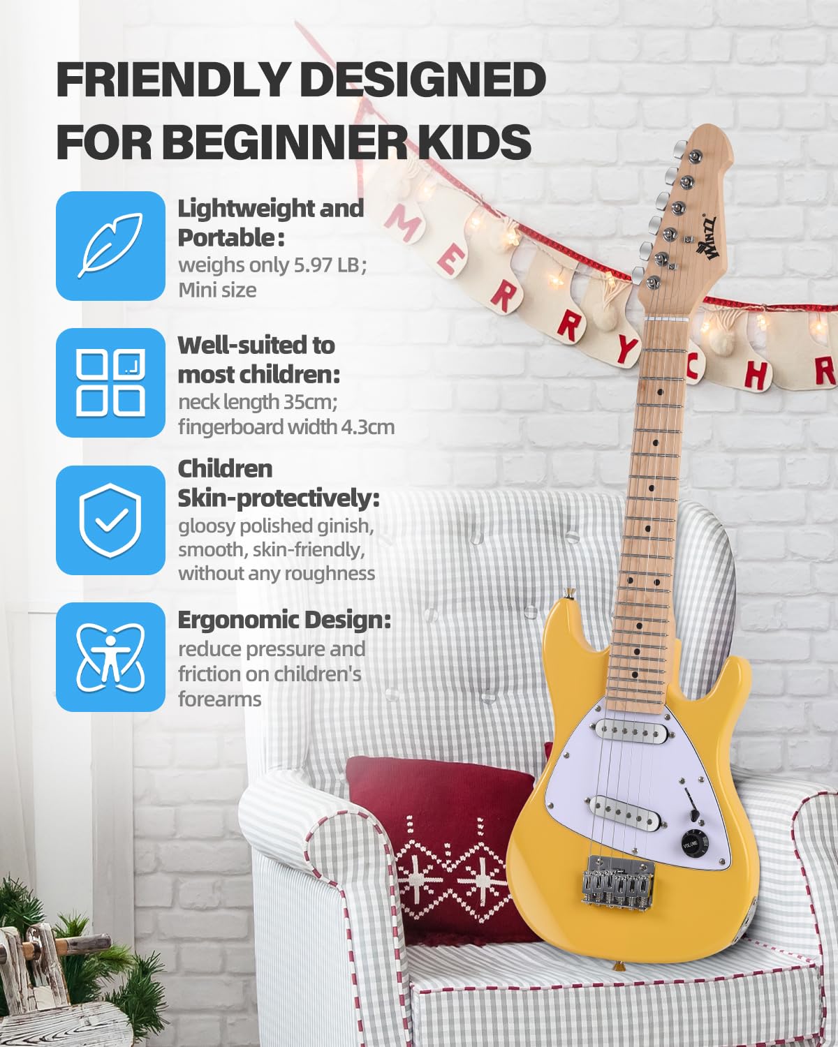 Winzz 30 Inch Kids Electric Guitar Beginner Kit, Junior 1/4 Size Mini Electric Guitar for Children Complete Stater Set with Amp, Gloosy Yellow Colour