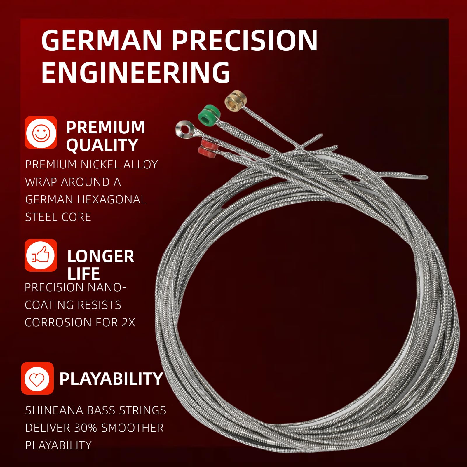 4-String Electric Bass Strings – Nickel Alloy Wound with German Hex Steel Core | Full Coated for Longevity | Vacuum Sealed (45-105 Medium) | Smooth Feel & Warm Tone (Light-coating)