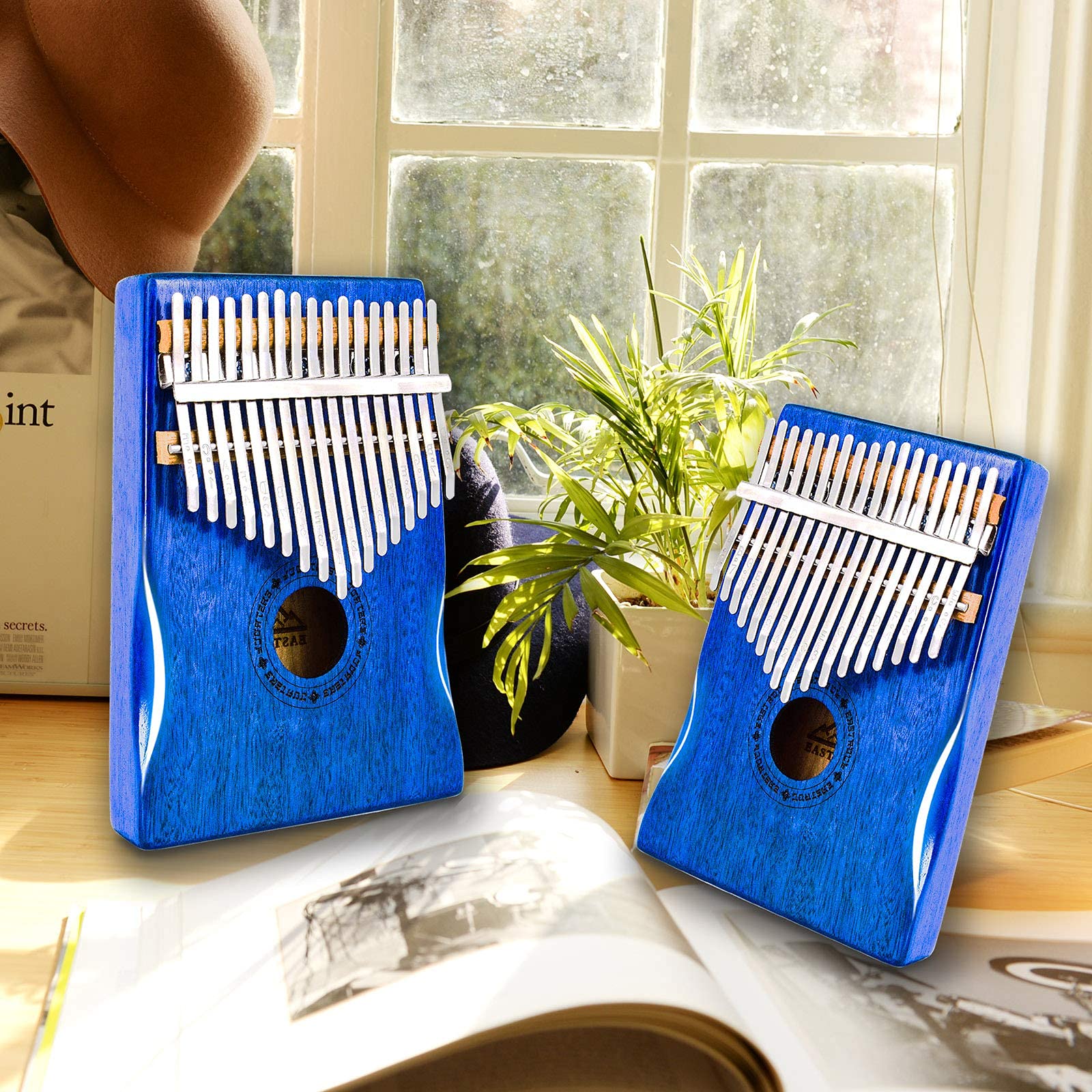 EASTROCK Kalimba Thumb Piano 17 Keys Mbira Blue Mahogany Hand Rest