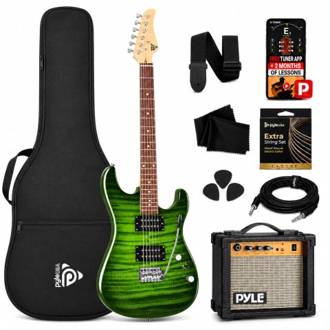 Pyle Electric Guitar Kit with Amp for Beginners Full Size 39” Instrument Package with Humbucker Pickups and Rock Amplifier Starter Set Bundle for Kids All Ages, Youth and Adults – Legacy Green