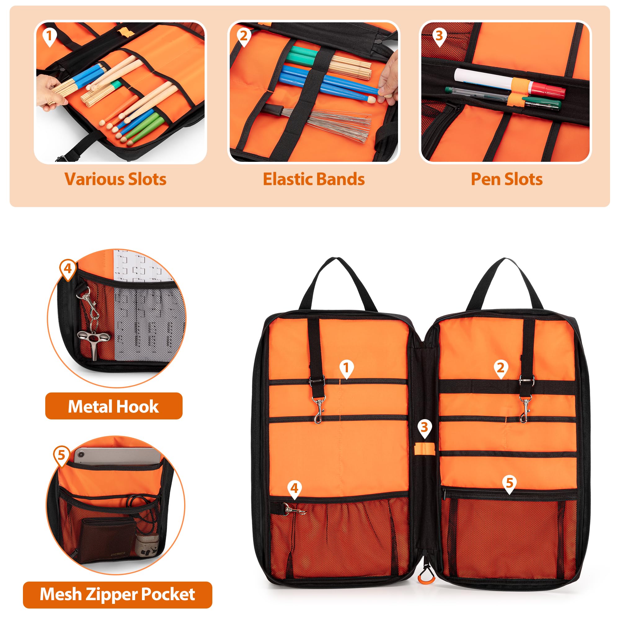 Damero Drum Sticks Bag with Hanging Hooks and Detachable Shoulder Strap