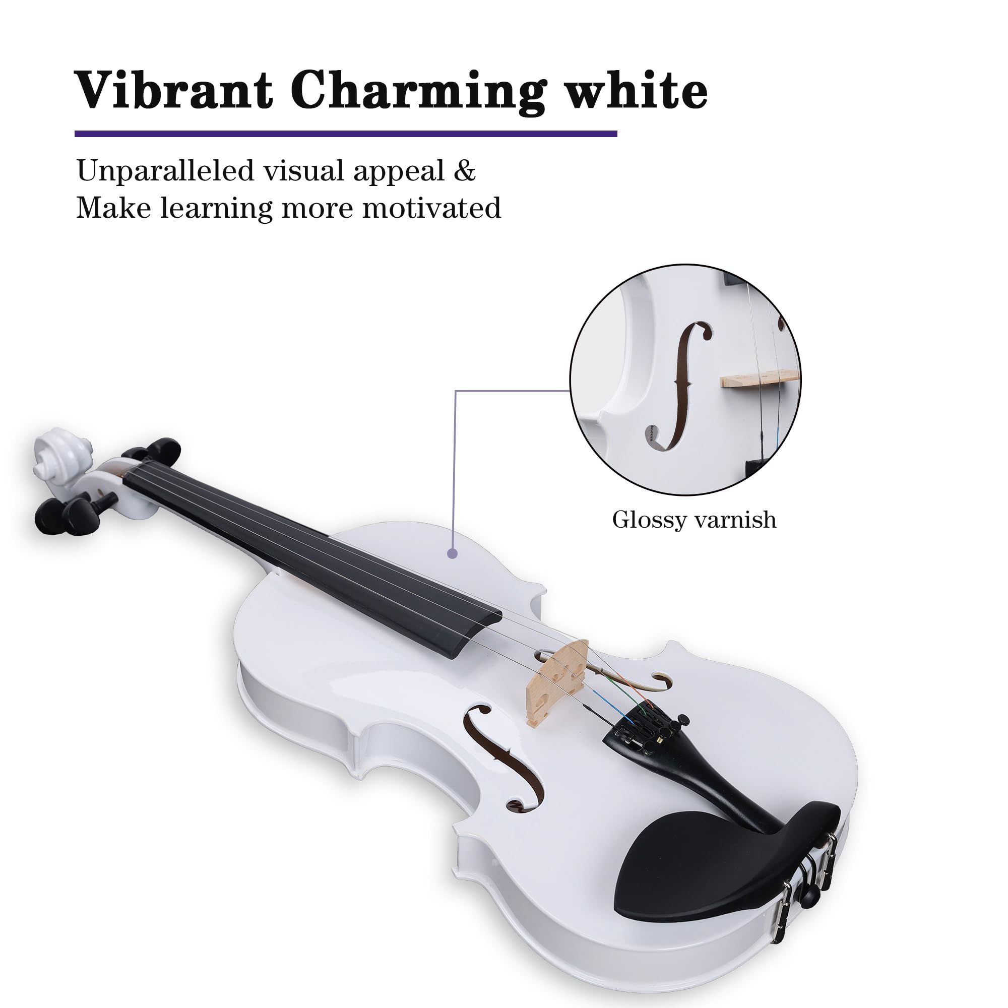 ADM Acoustic Violin for Kids Beginners, 3/4 Size Acoustic Violin Fiddle for Teens Students Violin Starter Kit with Hard Case, E-Tuner, Rosin, Shoulder Rest, Bow, Extra Strings, Free Lessons, White