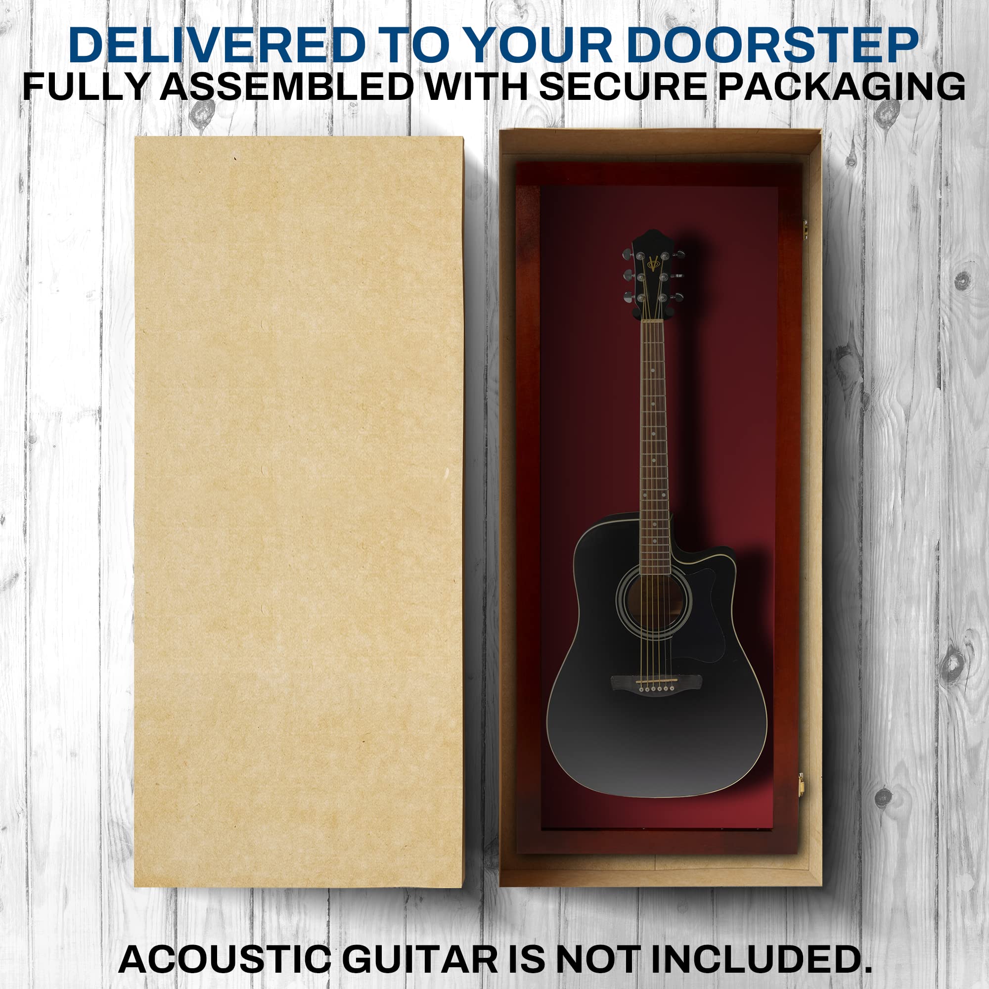 PENNZONI Acoustic Guitar Display Case – Acrylic Acoustic Guitar Case – Guitar Display Case Wall Mount Made from Hardwood Frame & Clear Acrylic – Cherry w/ Red Felt