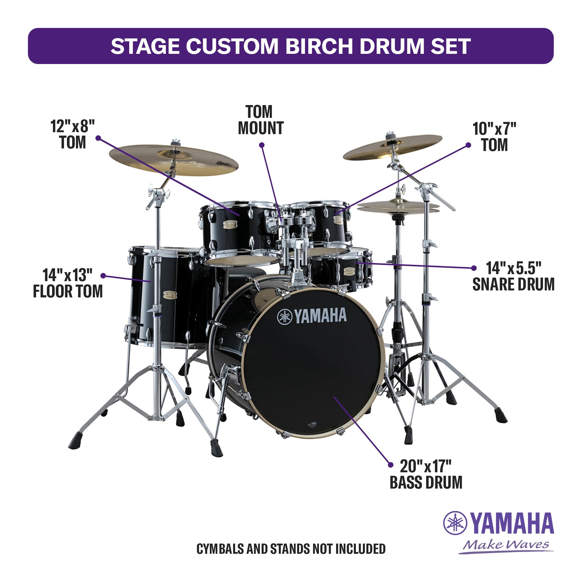 Yamaha Stage Custom Birch 5pc Drum Shell Pack With a 20″ Kick Drum and 14” Snare Drum in Raven Black For Students and Working Drummers (SBP0F50RB)