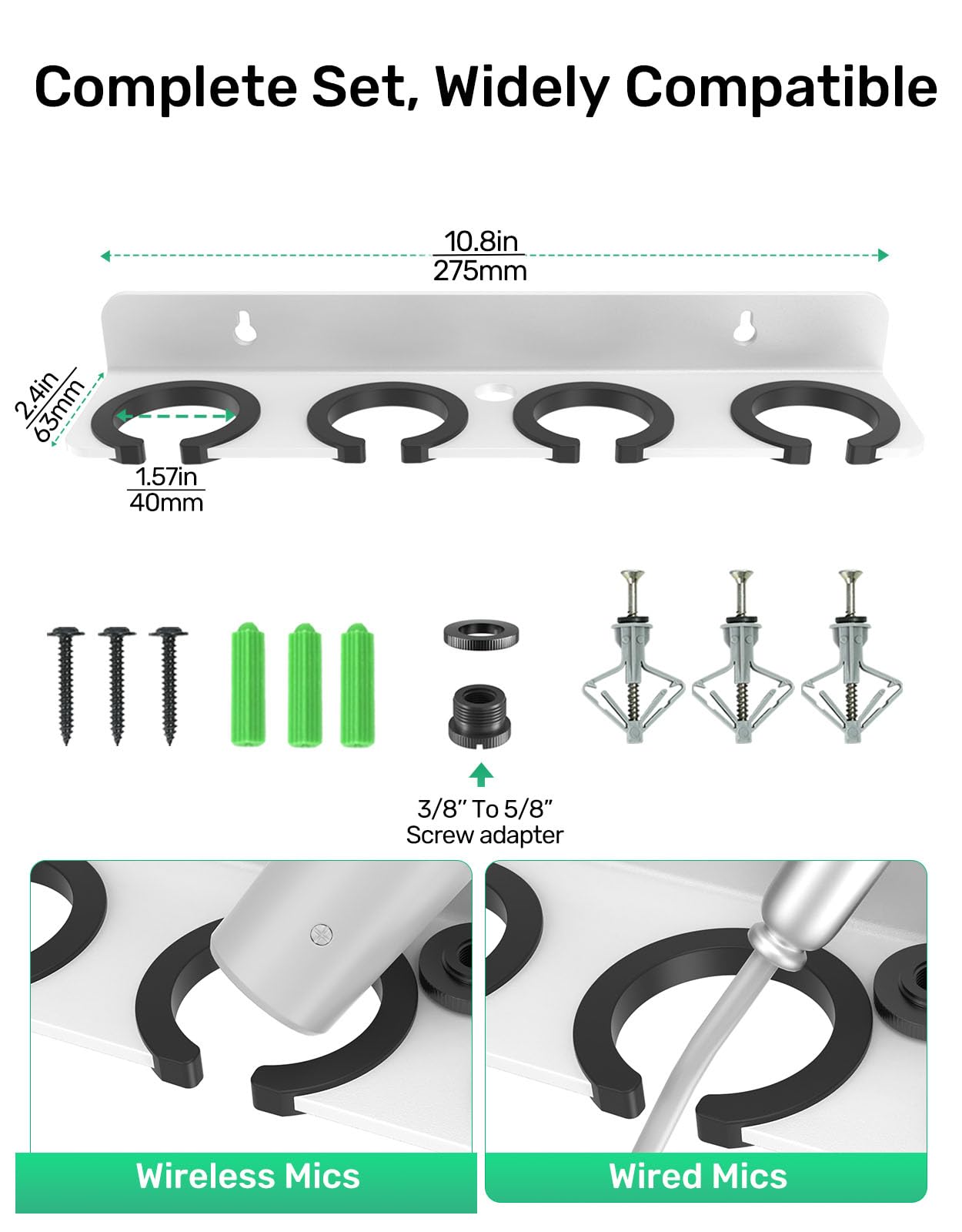 White Multi Mic Holder for Handheld Mic, Wall/Stand Mount Organizer Storage