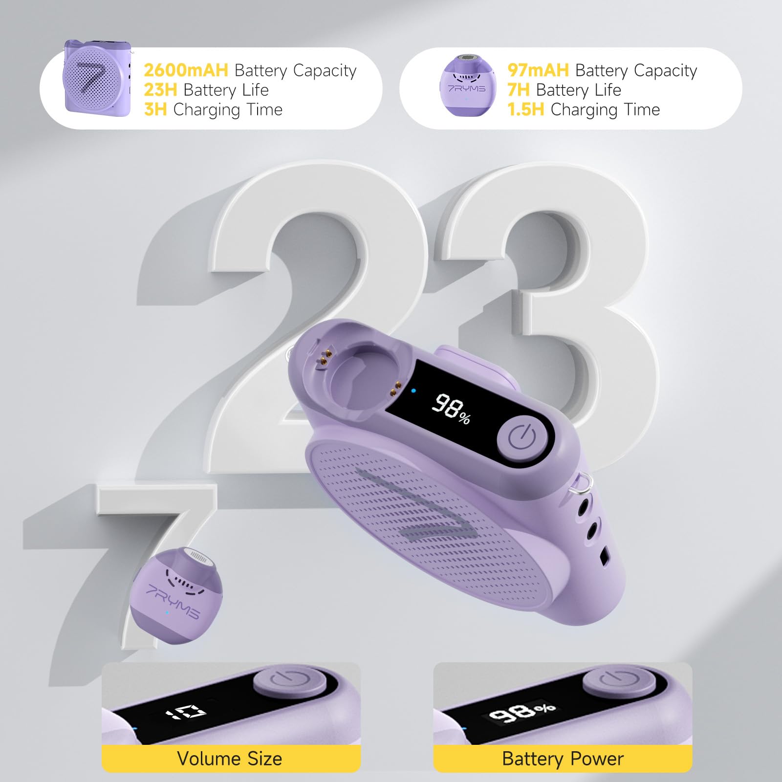 7RYMS WA2 Wireless Voice Amplifier for Teachers with Magnetic Lavalier Mic, Wireless Portable Amplifier with Noise Canceling, Mini Voice Amplifier for Classroom, Meeting, Training, Speech (Purple)