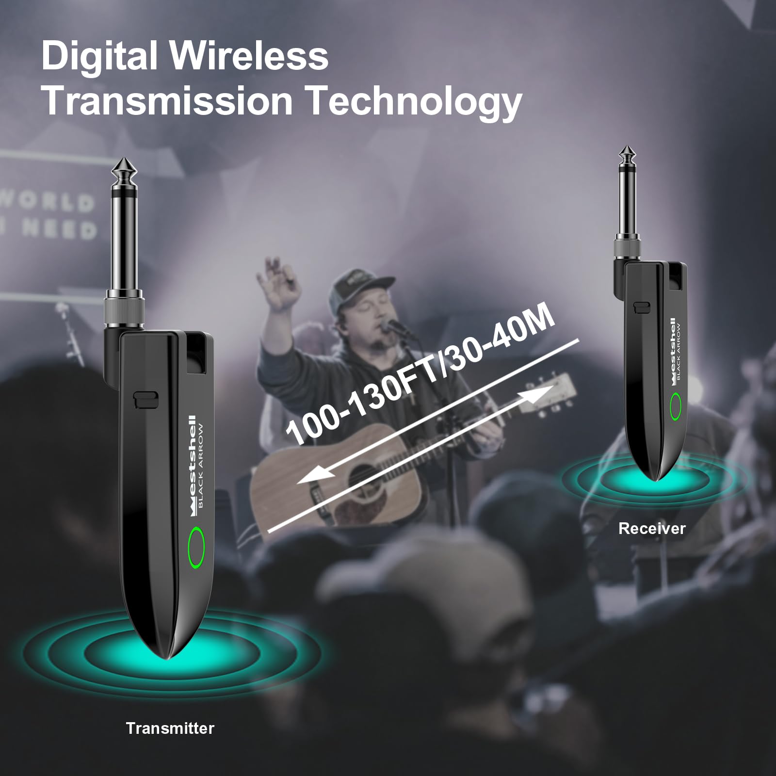 Wireless Guitar System, Digital Wireless System Wireless Guitar Transmitter Receiver Support Multi Channels Rechargeable Long Battery Life for Guitar Bass Electric Instruments (Dark Black)