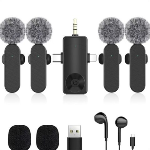 Jijikomore 3 in 1/Four in one Wireless Lavalier Microphone for iPhone,iPad,Android,Camera,Computer,mini Noise Reduction Recording Mic Ultra-Low Delay,for Vlog/TikTok/YouTube Live Stream (4 Mic)