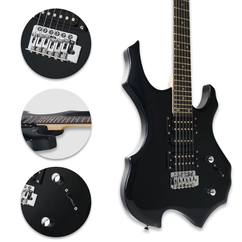 Demusea Golssy Black Cool Shape Electric Guitar With 20W Amplifier Set Non Recharge Solid Wood Build For Starter Practice (FIRE, Black)