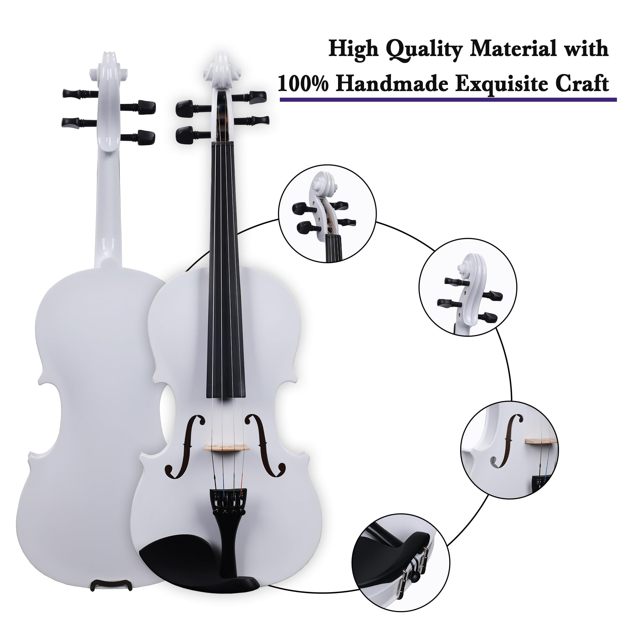 ADM Acoustic Violin for Kids Beginners, 3/4 Size Acoustic Violin Fiddle for Teens Students Violin Starter Kit with Hard Case, E-Tuner, Rosin, Shoulder Rest, Bow, Extra Strings, Free Lessons, White