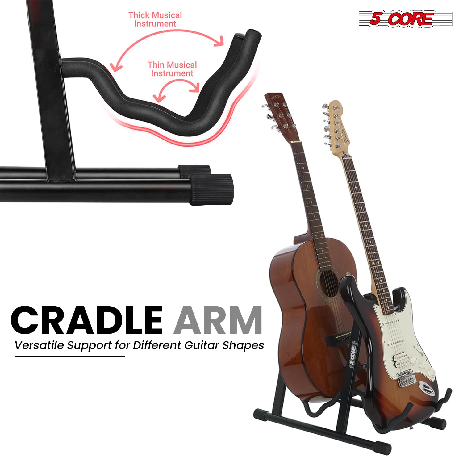 5 CORE Guitar Stand 2 In 1 Electric Acoustic Bass Banjo Stand Heavy Duty Strong Metal Double A-Frame Folding Dual Guitar Holder with Soft Padded Foam Sleeves Black