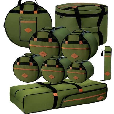 Beatello 9-Piece Professional Drum Bag Set, Vintage Slub Cotton Padded Drum Case for 10/12/13″ Toms, 14″ Snare, 16″ Floor Tom, 22×18″ Bass Drum, Includes 24″ Cymbal Bag, Hardware & Stick Bags(Green)