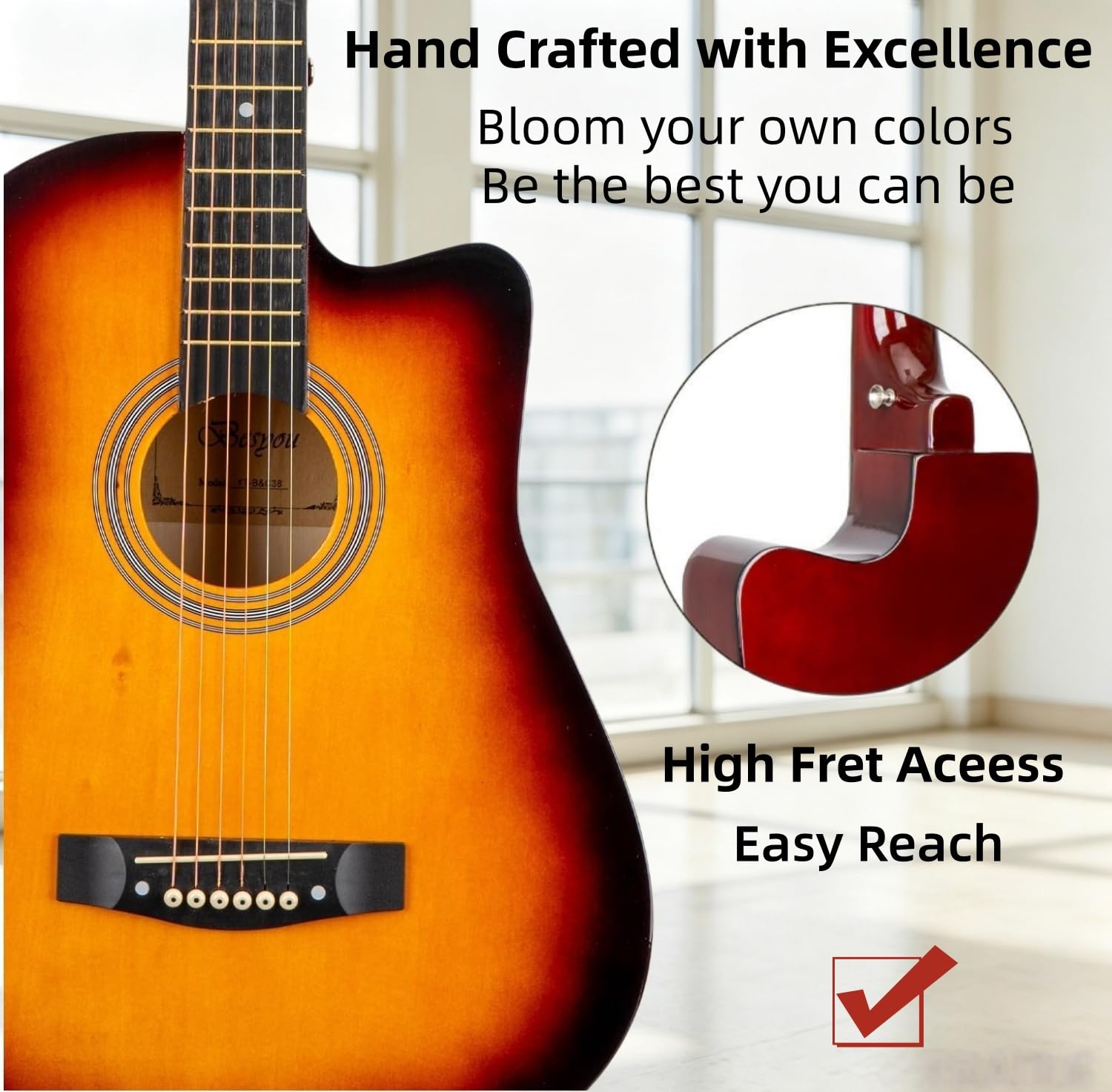 38 Inch Sunburst Acoustic Guitar Beginner Kits, 3/4 Cutaway Wood Acustica Guitarra for Beginners Adults with Online Lesson,Gig Bag,Picks,Steel Strings Strap with Picks Holder