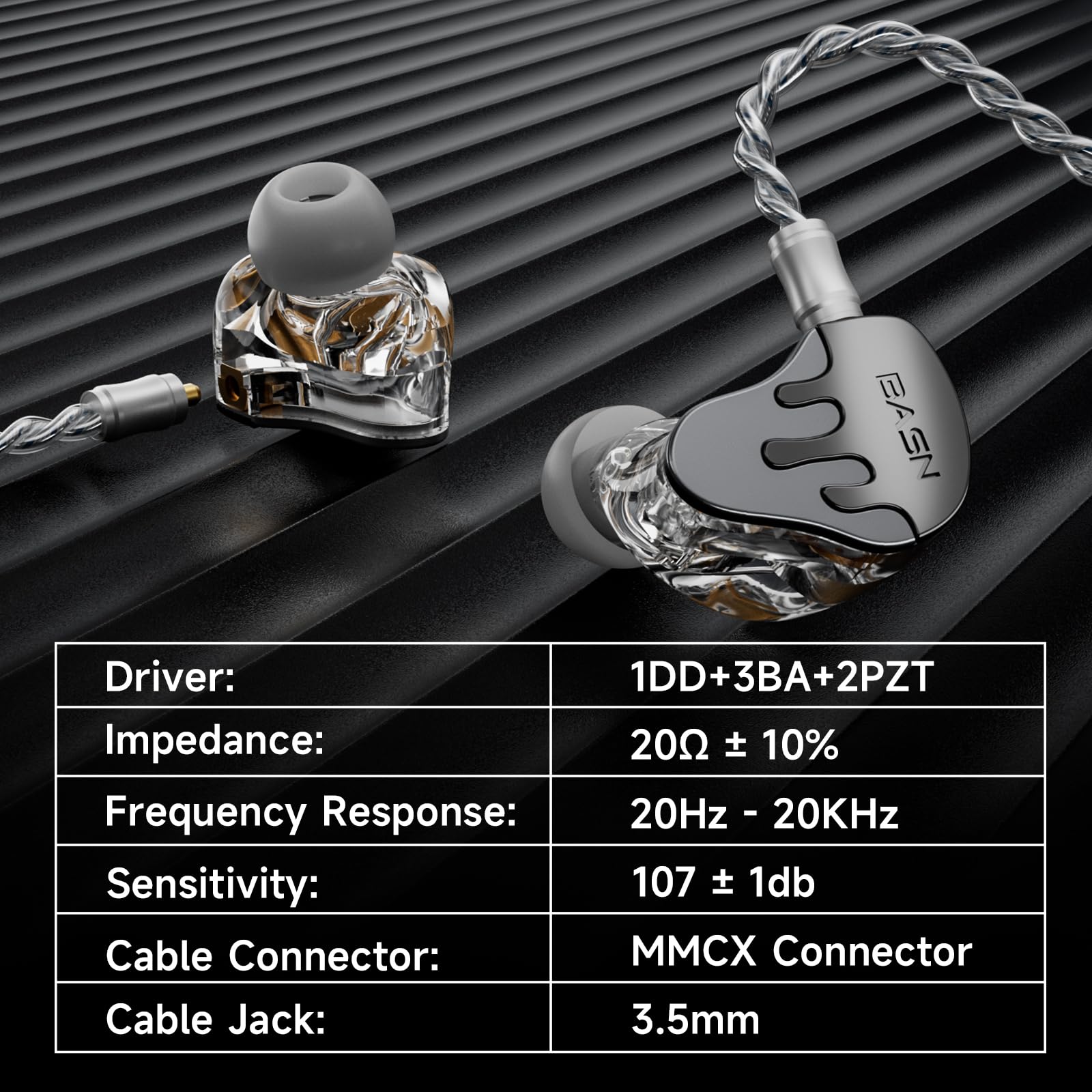 BASN BmasterX 6-Driver In Ear Monitor Headphones for Musicians, Black-Gray