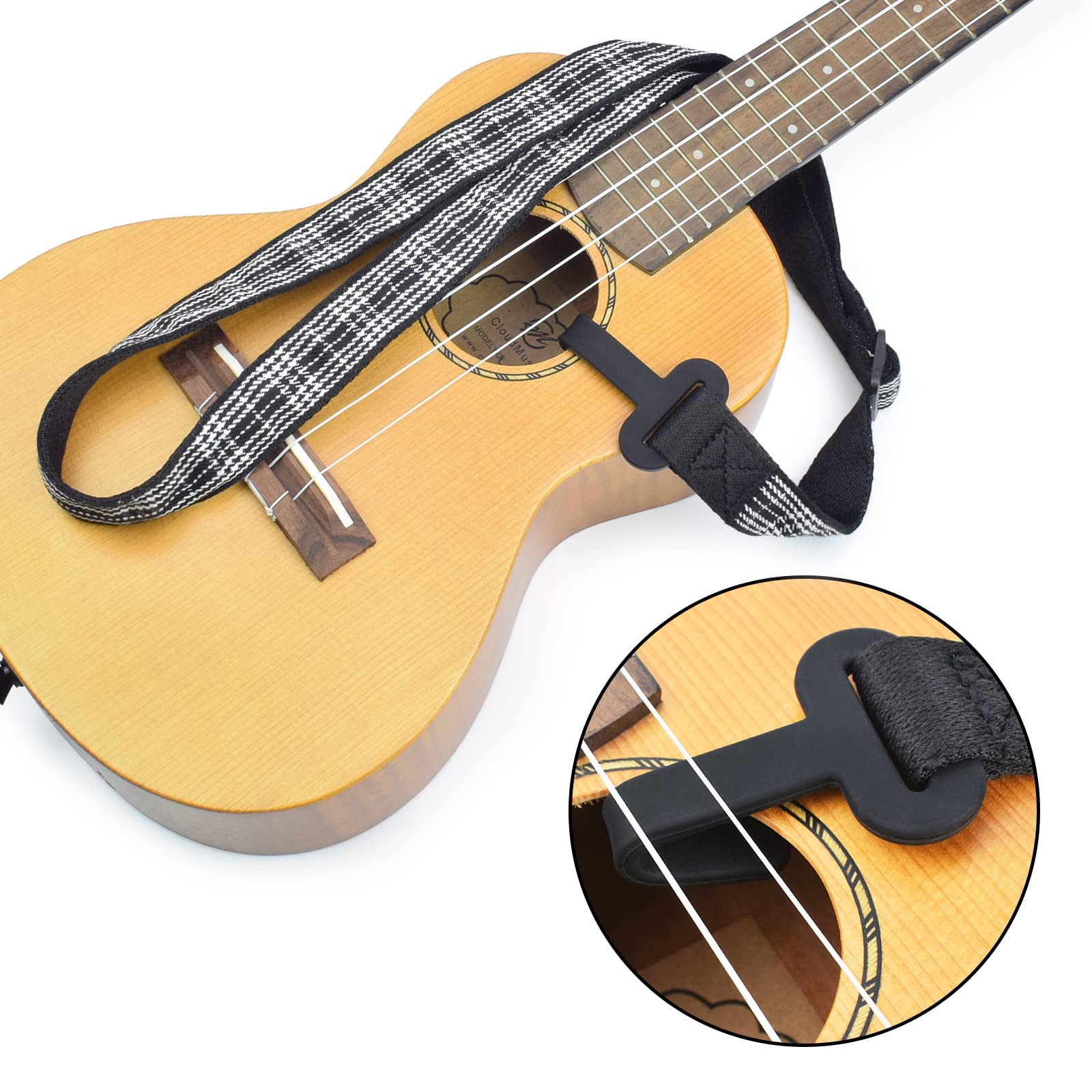 CLOUDMUSIC Ukulele Strap Clip On, Black Strip
