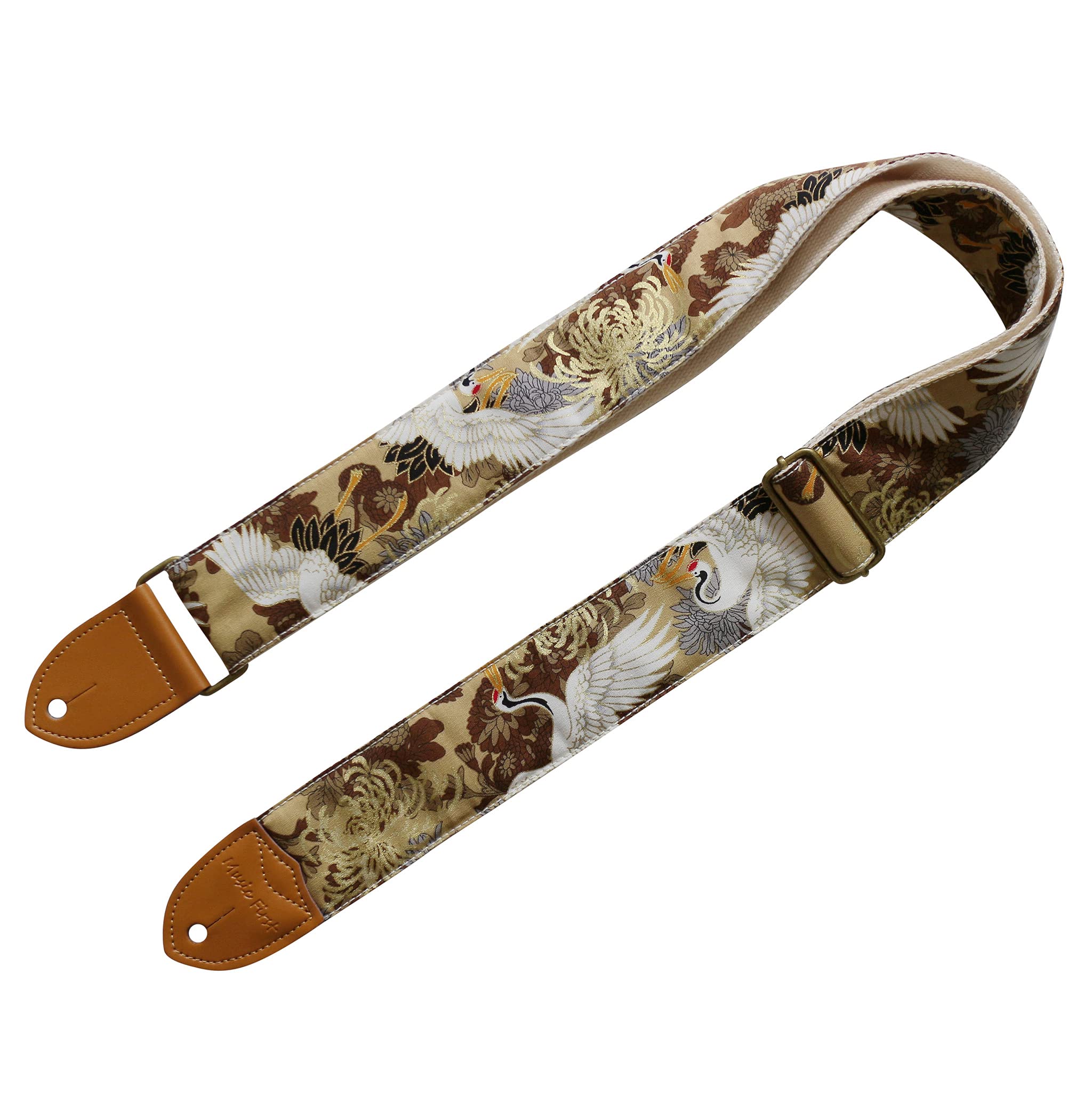 MUSIC FIRST Original Design, 2 inch width (5cm), Vintage Ukiyoe Style Chrysanthemum & Crane in Tan Electric Guitar Strap Bass Strap (Chrysanthemum & Crane in Tan)
