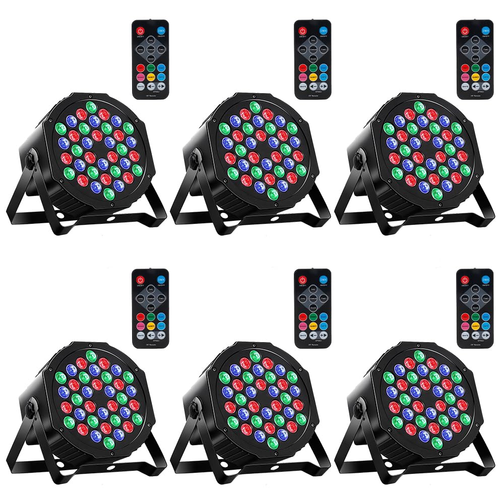 MOSFiATA Par Lights 6 Pack, RGB 36LEDs Stage Light Sound Activated DMX Control, 7 Lighting Modes with Remote Control for Festival DJ Party Club KTV Disco(6 Pack)
