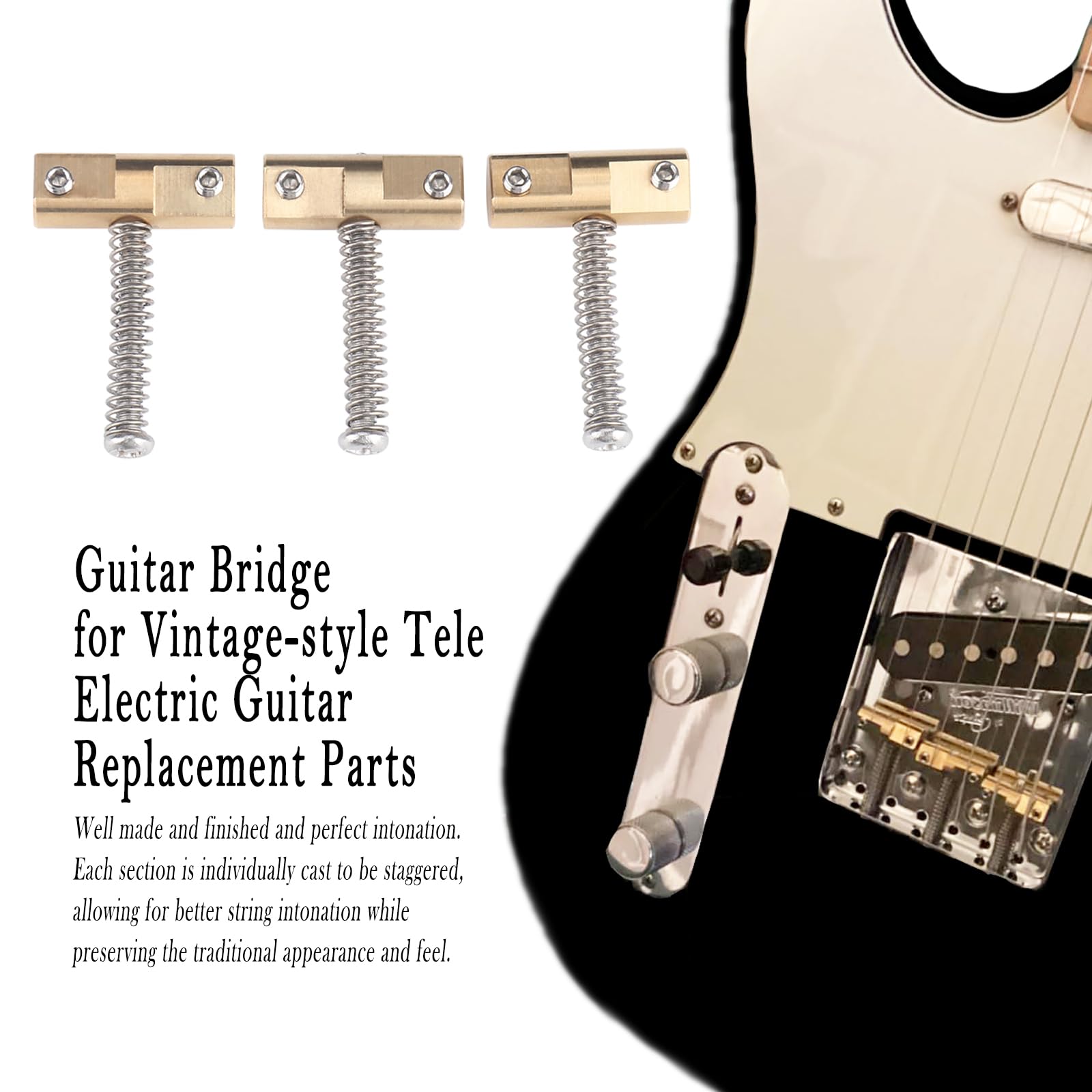 3pcs Guitar Bridge Compensated Brass Saddles Set for Vintage Style Telecaster Electric Guitar Bridge Saddles – Replacement part for Fender Tele Style Guitars