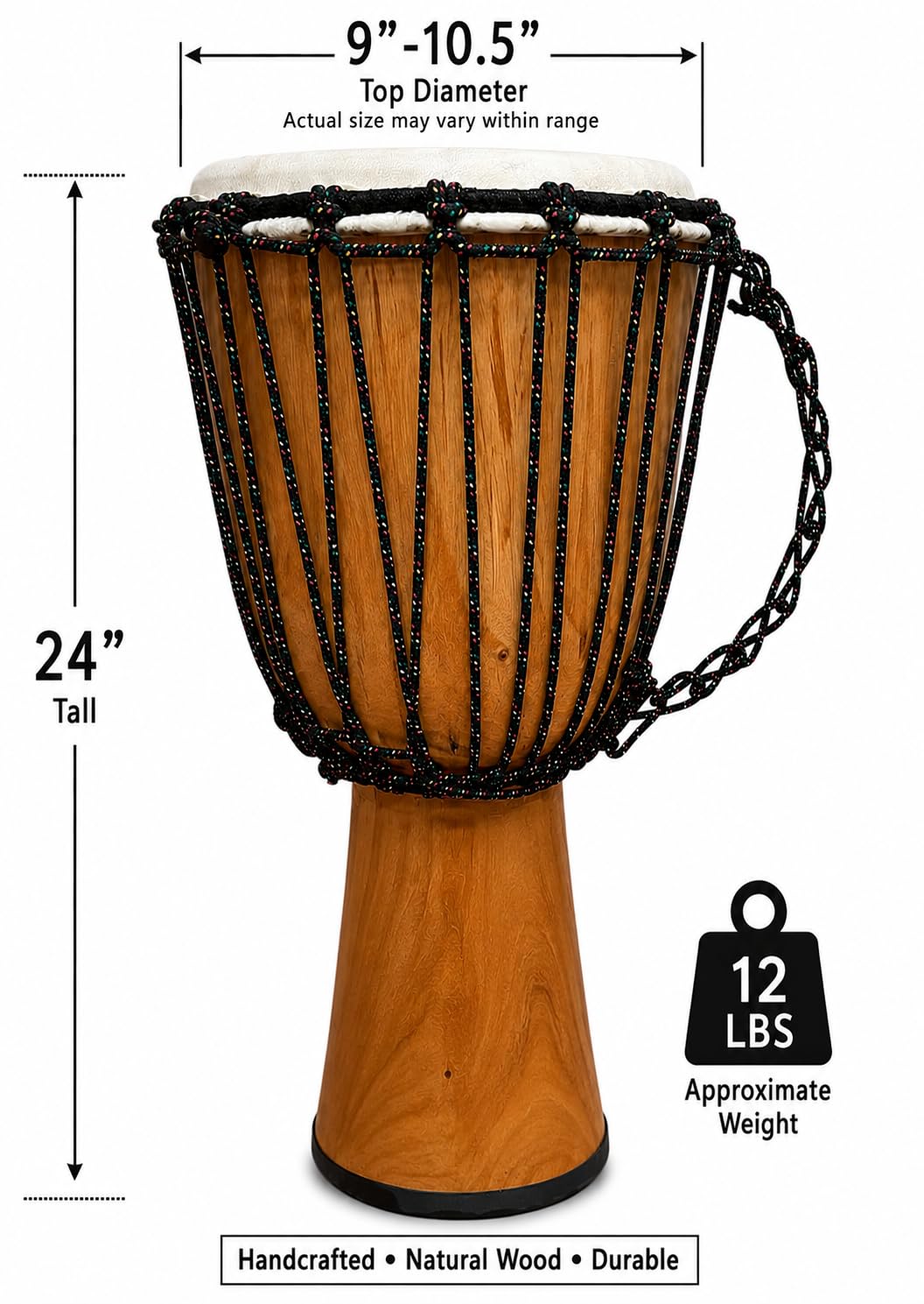 Terre Djembe Beginner Drum 24″ Tall 9-10.5″ Head Mahogany Wood Goat Skin