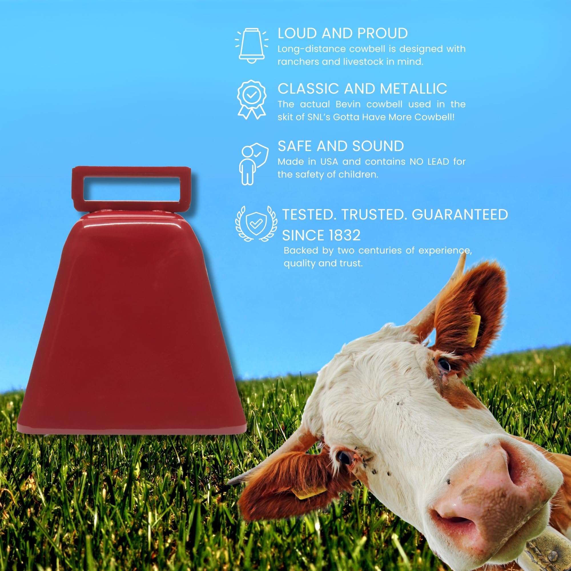 Bevin Bells Long Distance Cow Bells 10LD (Red & Red) | Christmas Bells | Made from Steel | Loud Noise Makers | w/White Strap Around The Handle | Easier to Hold | Made in CT, USA