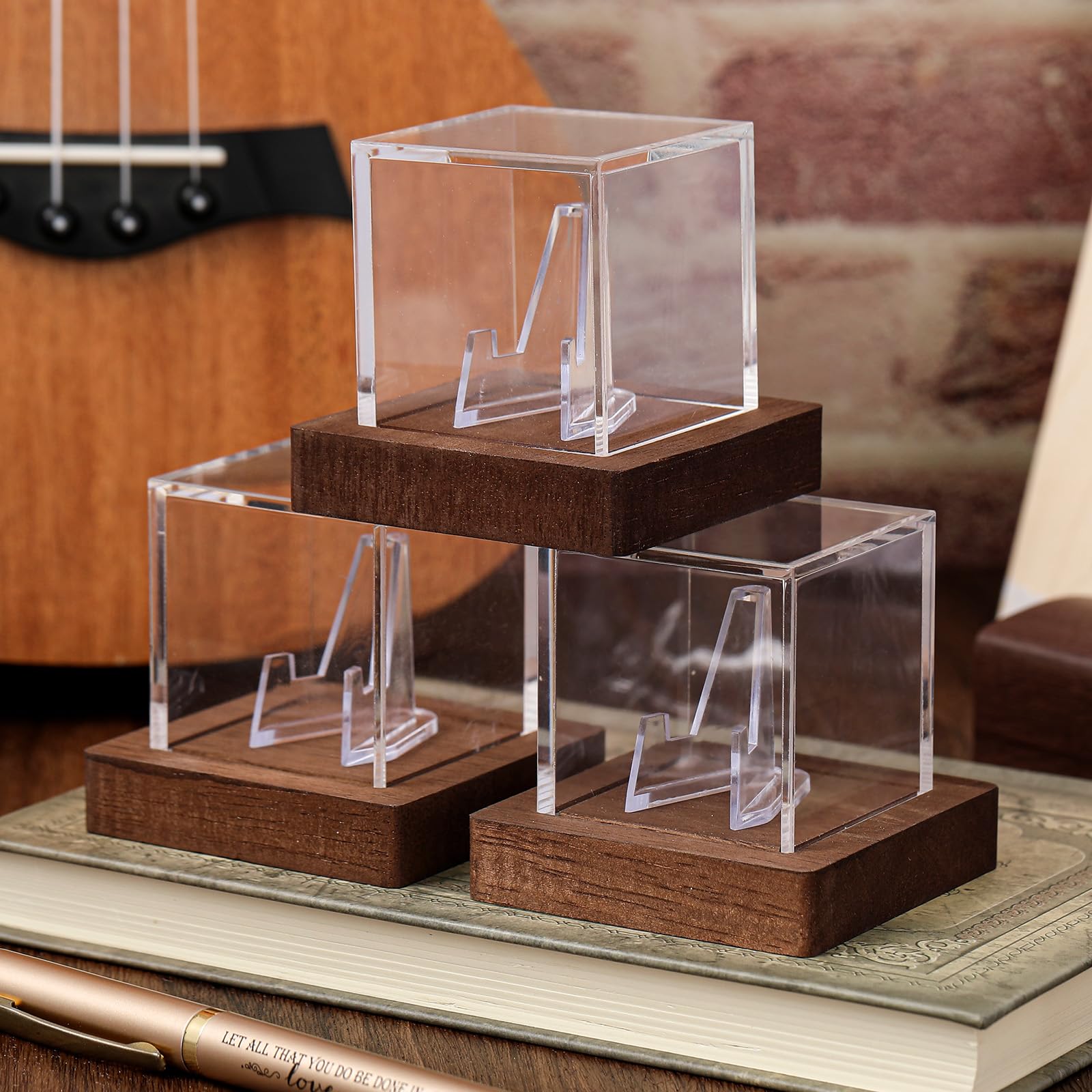 DoubleFill 1 Pcs Acrylic Guitar Pick Display Case with Wooden Base, Walnut