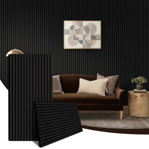 AKK-Star Wood Slat Acoustic Panels (2 Pack/47.2″x23.6″/Covers 15.5 Sq. Ft.) – 3D Textured Wall Panels for Noise Reduction & Modern Decor, Soundproof Panels for Living Room & Bedroom (22# Black)