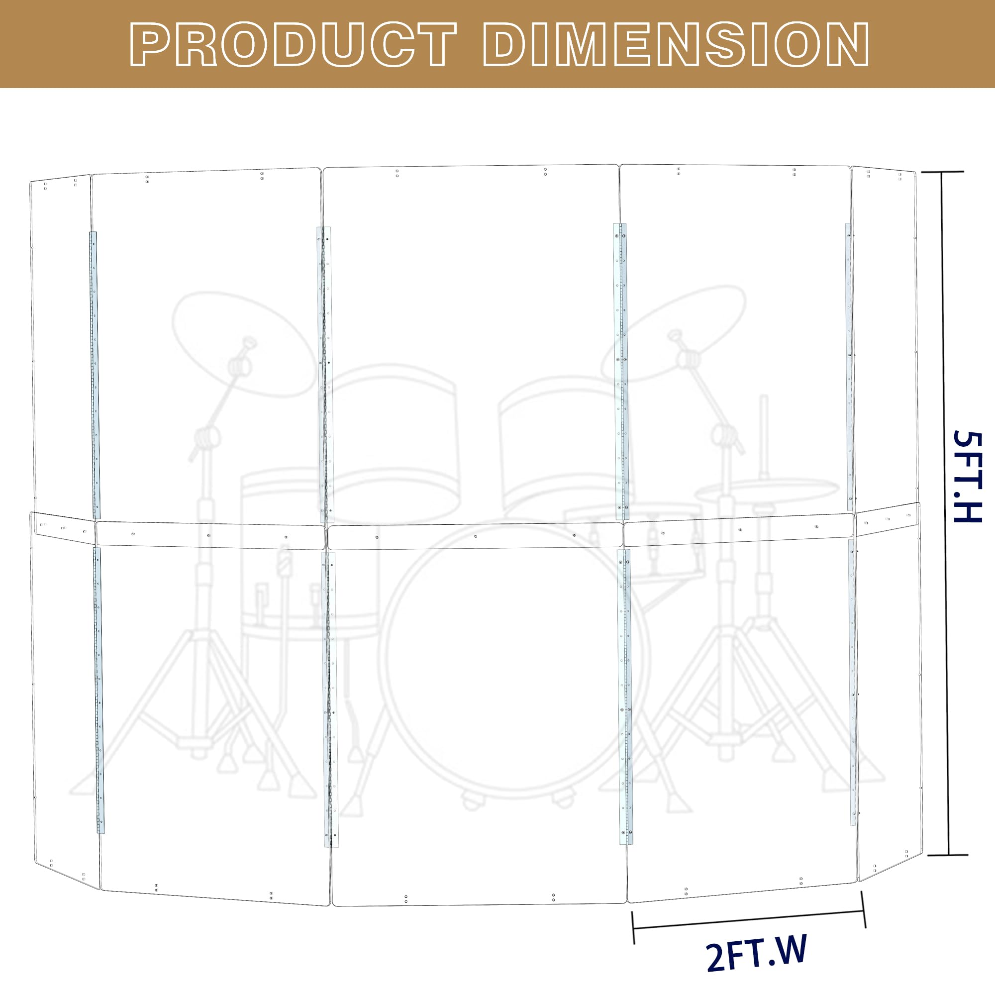 Portable Drum Shield | 5 Panels 2ft x 5ft | Factory-Installed Full-Length Stainless Steel Hinges | Acrylic Drum Sound Barrier | Cage for Church & Home Use (5 Panels)