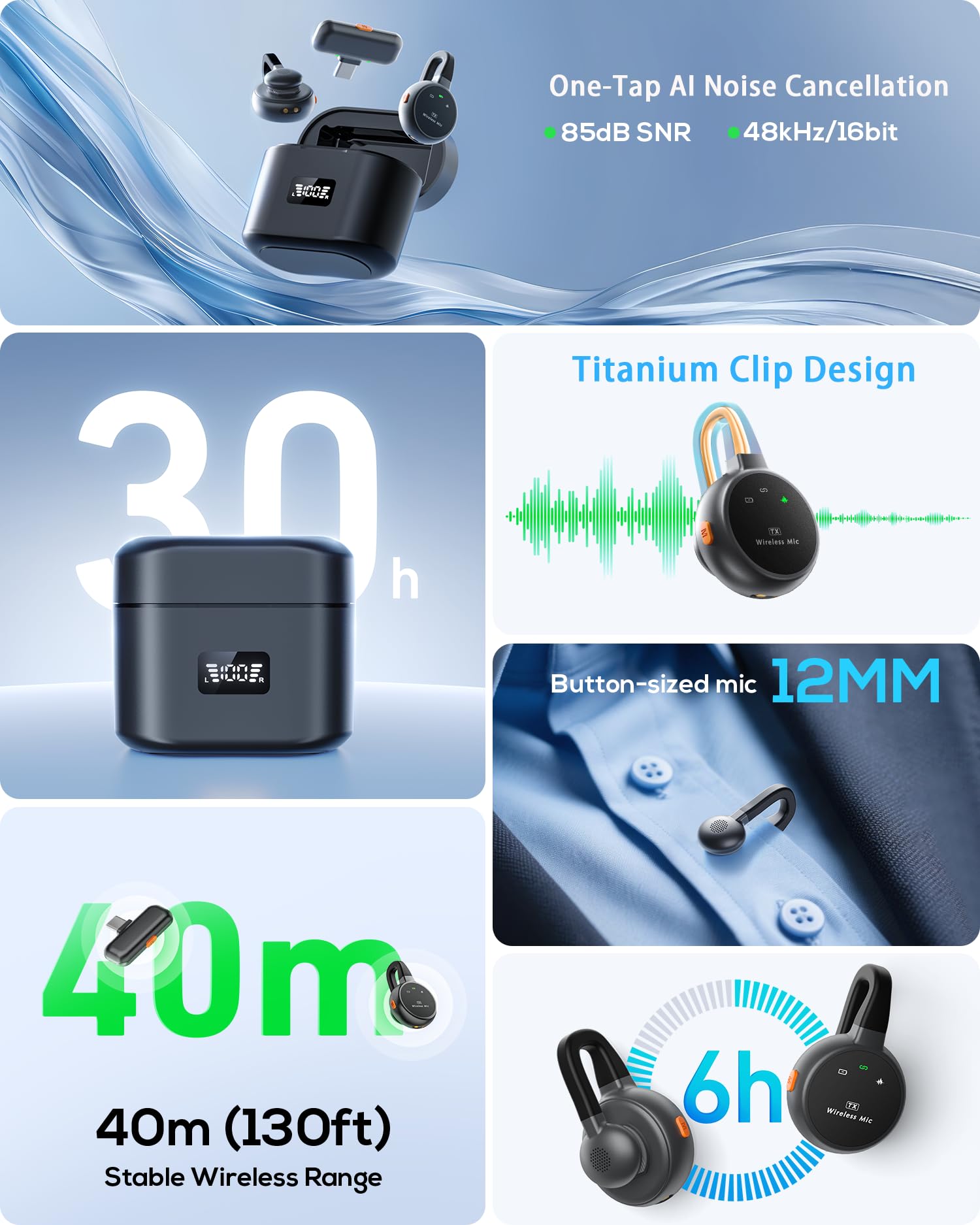 Wireless Lavalier Microphone for iPhone, iPad, Android – USB-C Plug Noise Cancelling Lapel Mini Mic with Charging Case, 30H Battery – Compact Clip-on Mic for YouTube, TikTok, Podcast, Video Recording