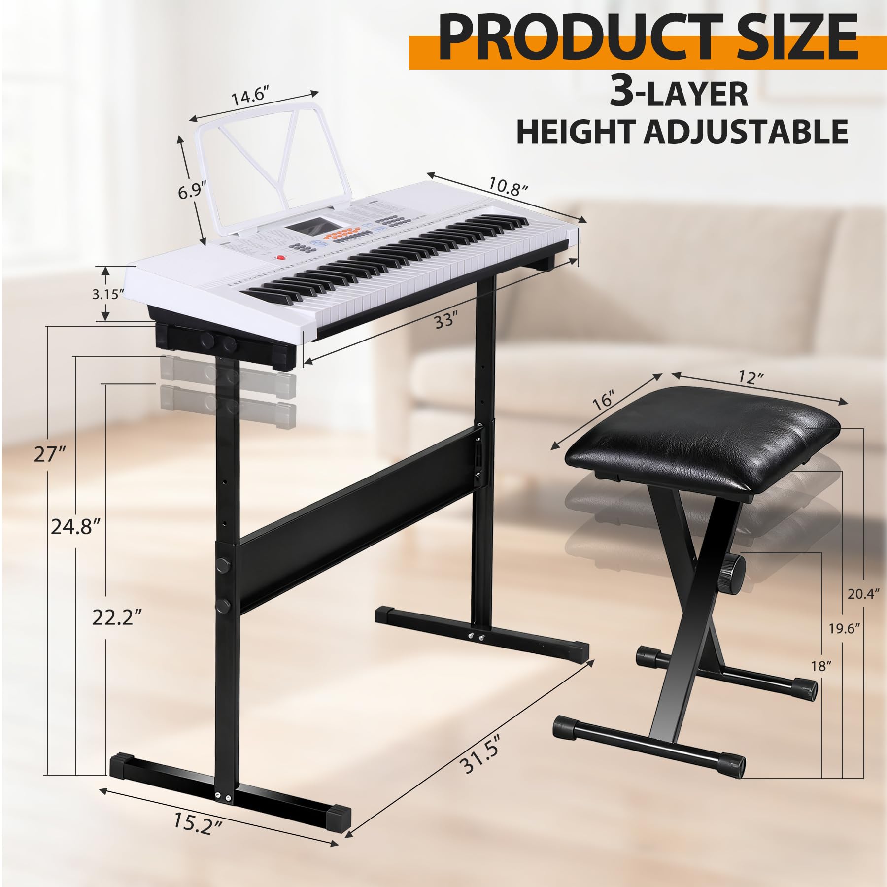 Smartxchoices 61-Key Electronic Keyboard Piano Stand Portable LED Display Keyboard Kit with Adjustable Stand, Adjustable Stool, Headphones, Microphone & Music Rest, White