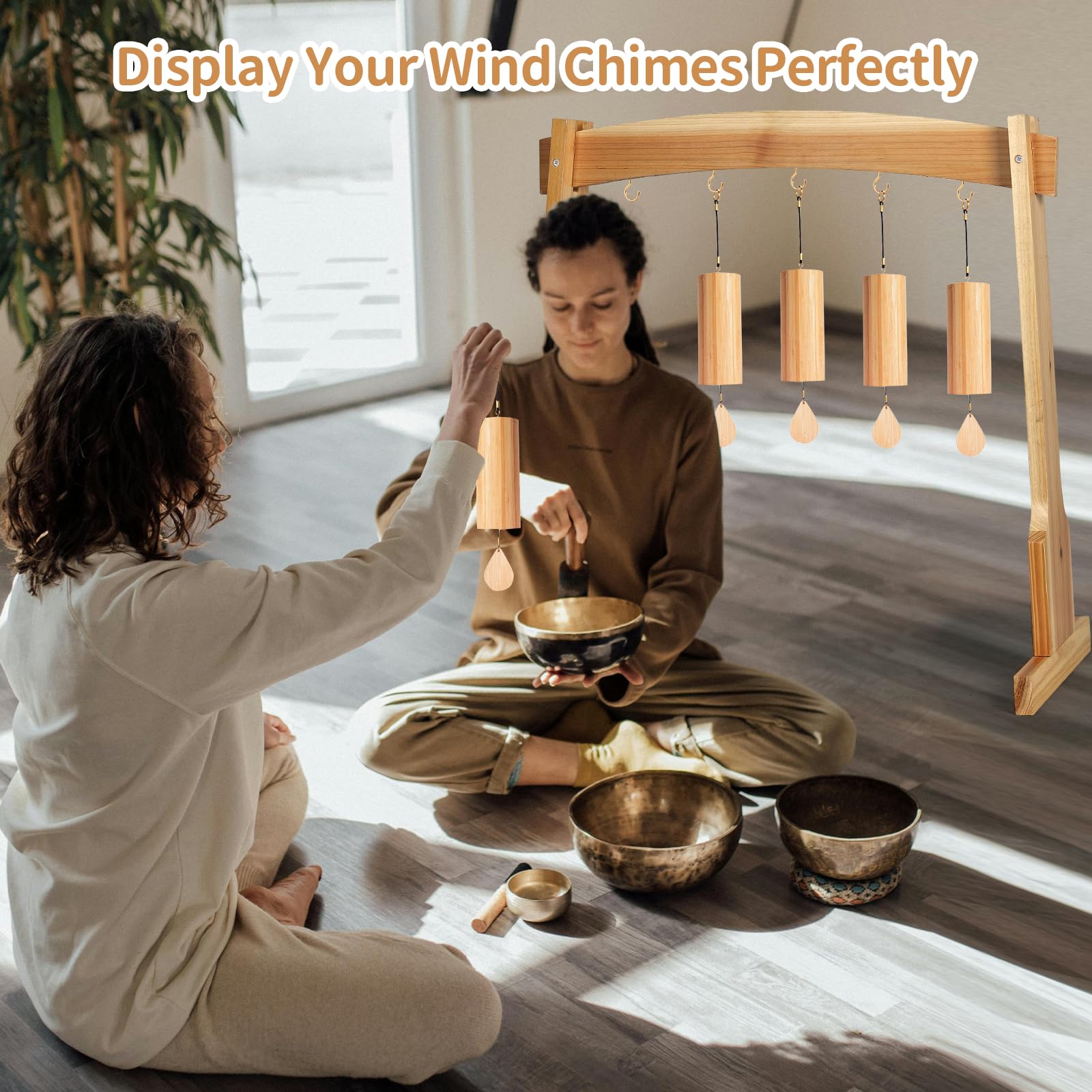 Amcortn Chime Stand for 5 Chimes, 14″ Gong Target Stands, Wind Chimes Wood Stand, Light & Portable Multipurpose Stand, Easy Assembly for Sound Healing, Meditation, Yoga