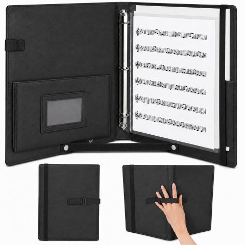 AllMyHomy Sheet Music Binder 3 Ring for Choir, Choral Music Folder with Hand Strap & Pockets, Organizes Letter Size 8.5″ x 11″ & A4 Sheets, Organizer for Performances,Concerts & Band, Black