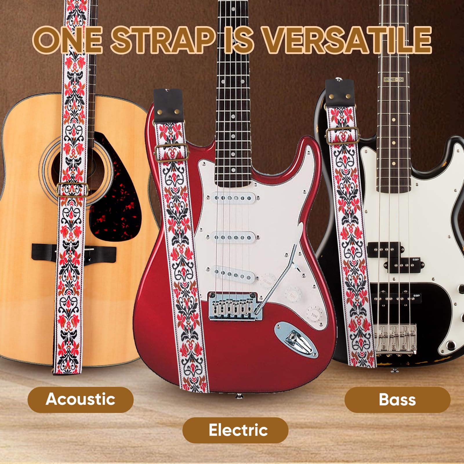 JIPIS Guitar Strap,Jacquard Cotton Guitar Straps with Real Leather Ends for Acoustic,Electric Guitars and Bass,with Free 1 Head strap, 2 Anti Slip Buckle and 3 Guitar Picks (GS-75-2 Red Jacquard)