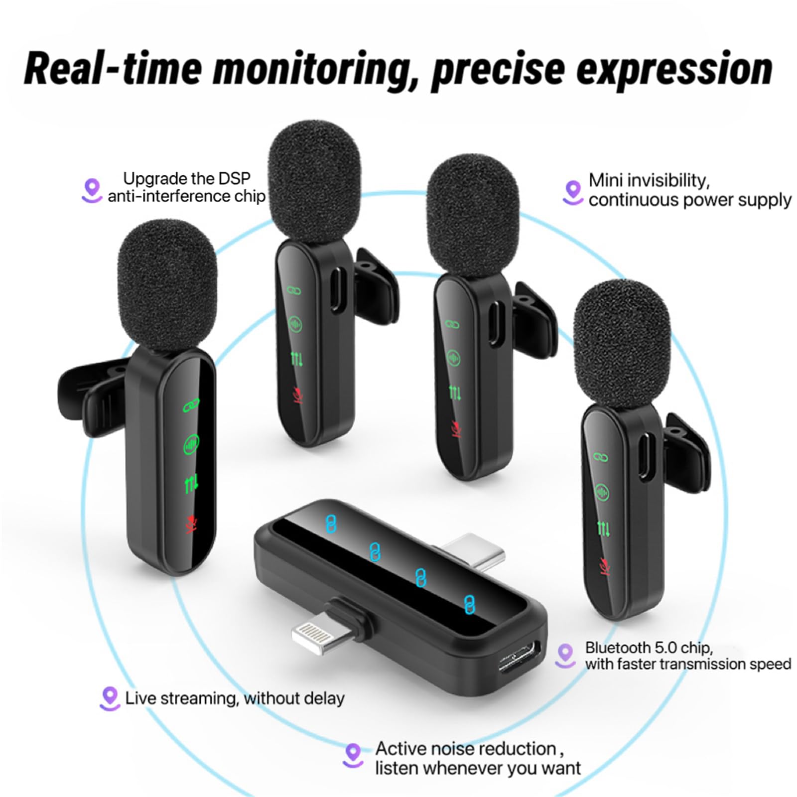3 in 1/Four in one Wireless Lavalier Microphone for iPhone,iPad,Android,Camera,computer,mini Noise Reduction Recording Mic Ultra-Low Delay,for Vlog/ TikTok/YouTube Live Stream (Upgrade 4mic)