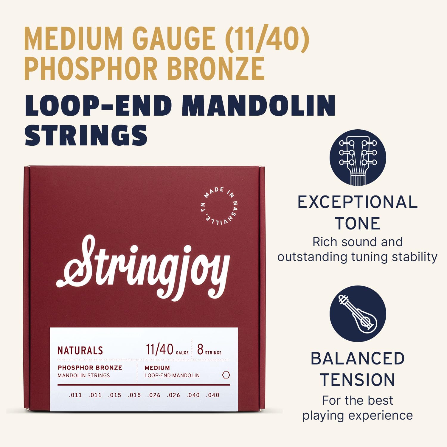 Stringjoy NB1140 Naturals Phosphor Bronze Mandolin Strings, (Medium Gauge – 11-40)