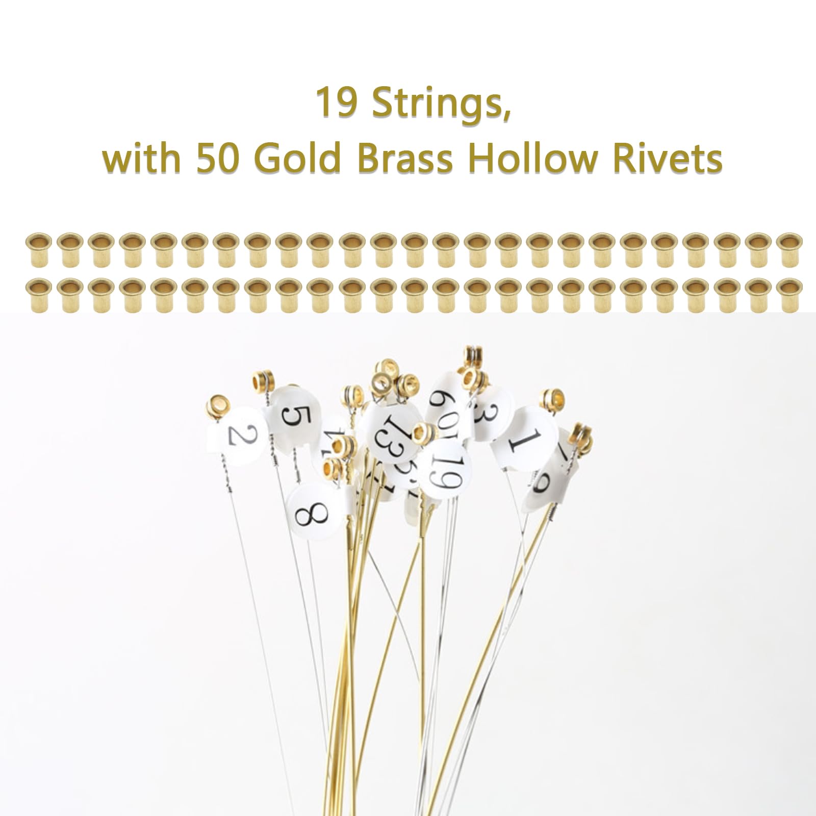 CashBeat Lyre Harp Strings, 19 String Replacement Kit, Gold Brass Rivets