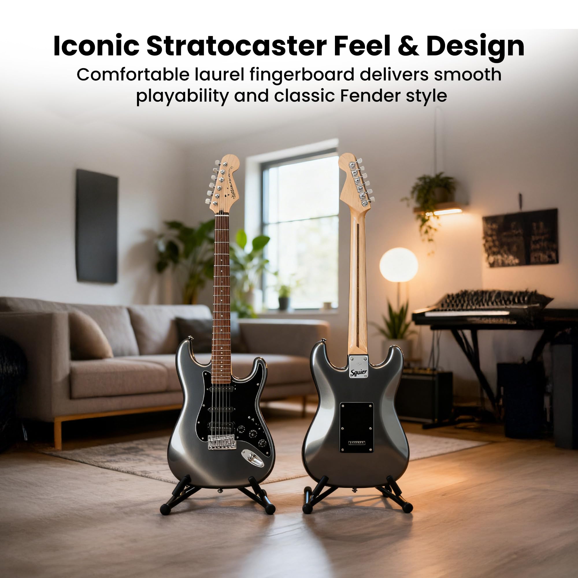 Fender Squier Affinity Stratocaster HSS Pack – Charcoal Frost Metallic Bundle with Frontman 10G Amplifier, Cable, Gig Bag, Tuner, Strap, Picks, and Austin Bazaar Instructional DVD