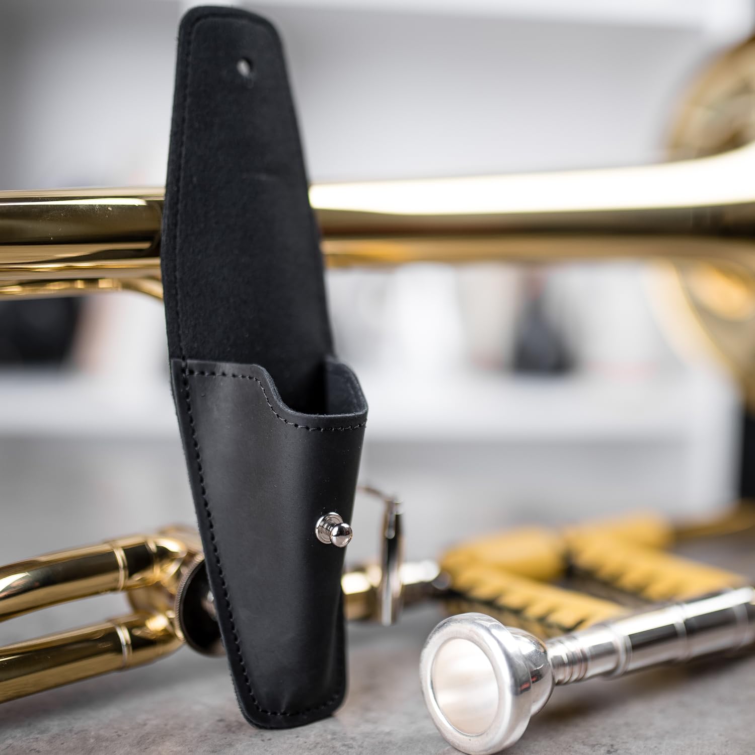 MG Leather Work Trombone/Euphonium Mouthpiece Holder. Genuine Leather Single Pouch. Black