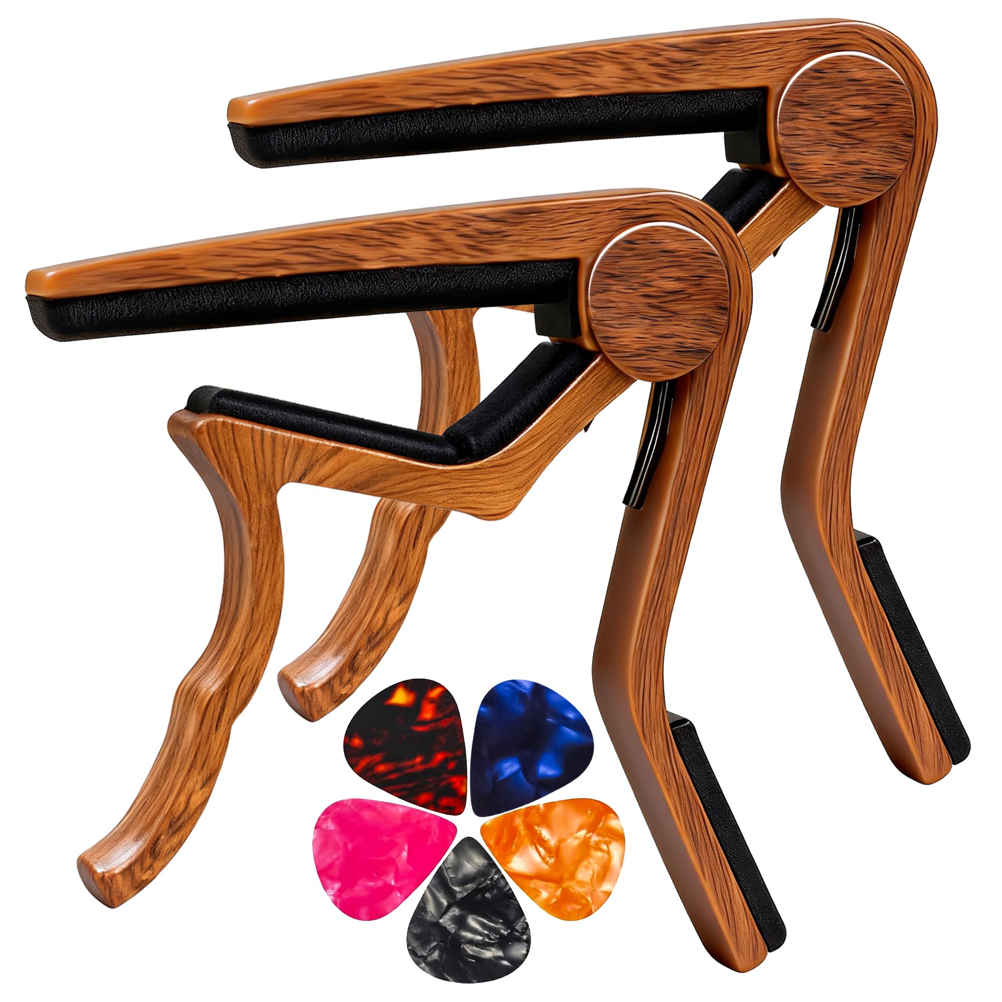Guitar Capo for Acoustic Electric Guitars, 2PC Capo Guitar Clamp Kapo with 5 Picks, Unique Design for Bass Guitar Ukulele, Wood