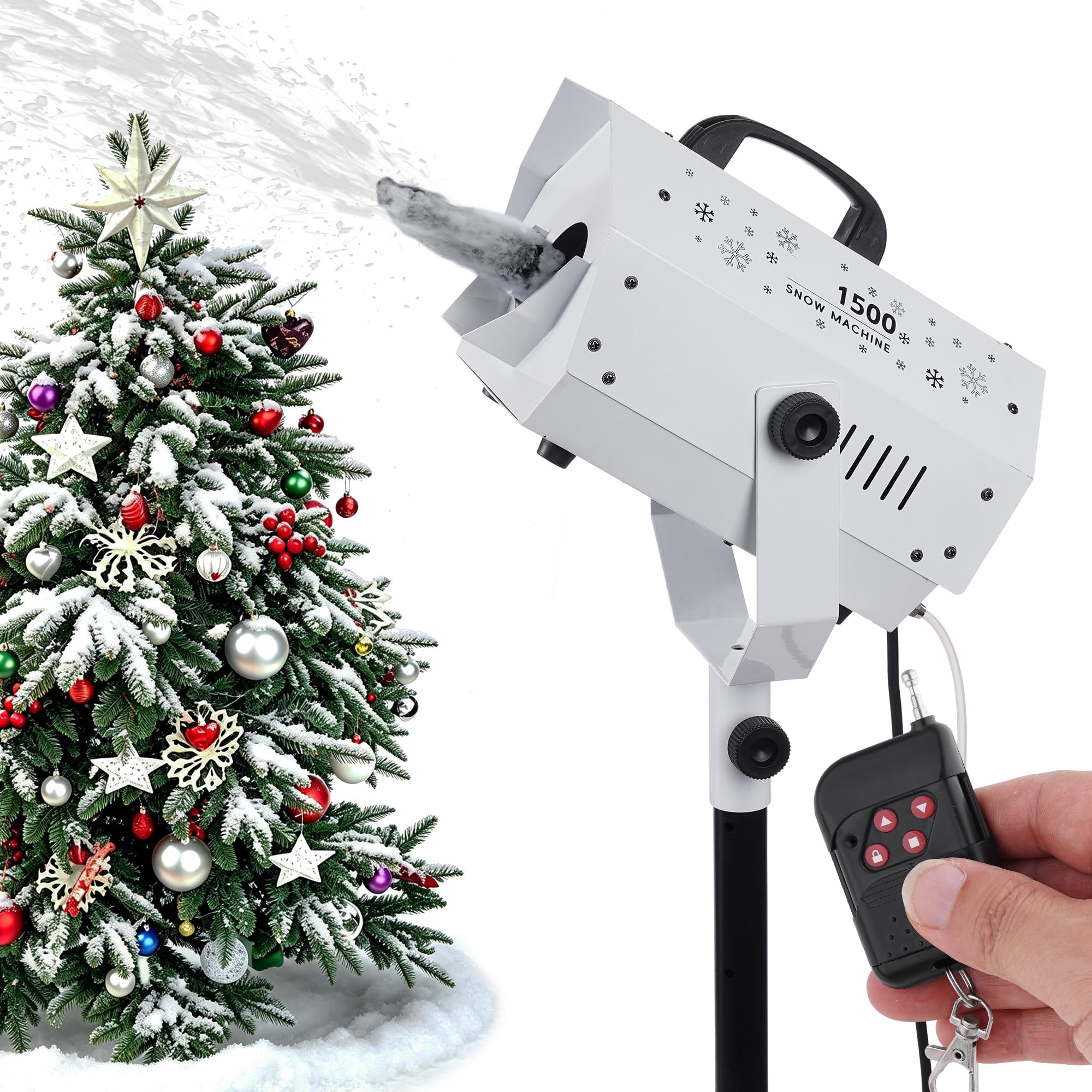 Snow Machine, 1500W Artificial Snow Making with Wireless Remote, Adjustable Snowflake Size & 59–69″ Stand, Snow Generator Fake Snow Maker for Christmas, Parties, Weddings & Holiday Events